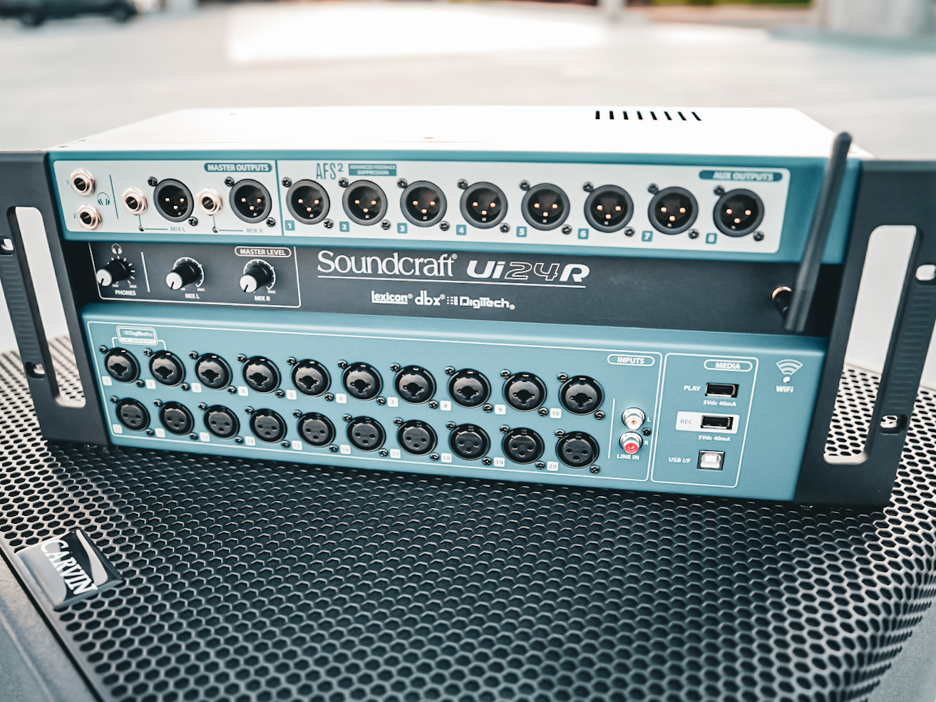 A Soundcraft Ui24R digital mixer racked and ready for a live show