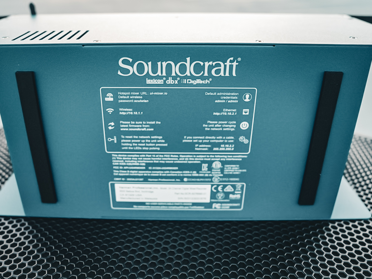 Rear of the Soundcraft Ui24R showing its Wi-Fi and network details