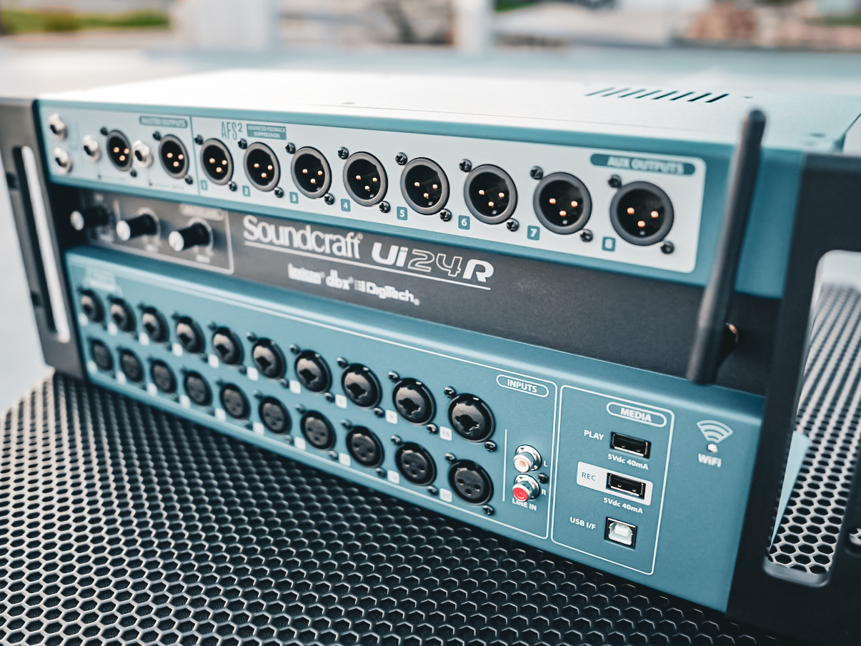A 24-channel Soundcraft Ui24R digital mixer for larger events