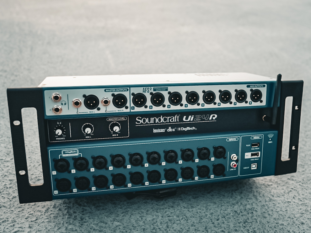 A rack-mounted digital mixer that our engineers control from a tablet