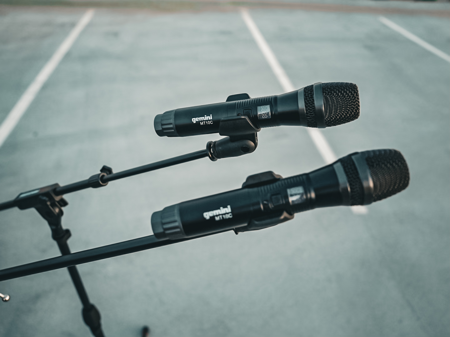 Wireless handheld microphones on stands ready for speeches and toasts