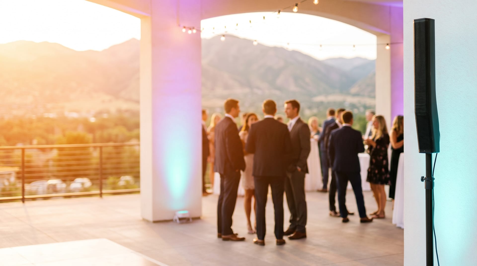 Guests at a golden-hour Utah mountain-view reception with a slim speaker nearby