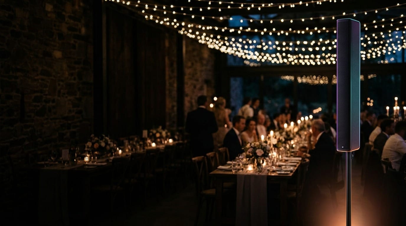 Slim speaker system set up beside a warmly lit Utah event reception