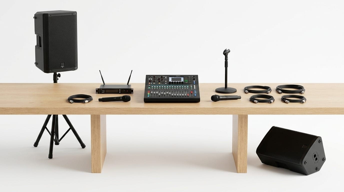 Individual rental pieces laid out side by side — a speaker, stage monitor, digital mixer, wireless receiver, microphones, stands, and cables