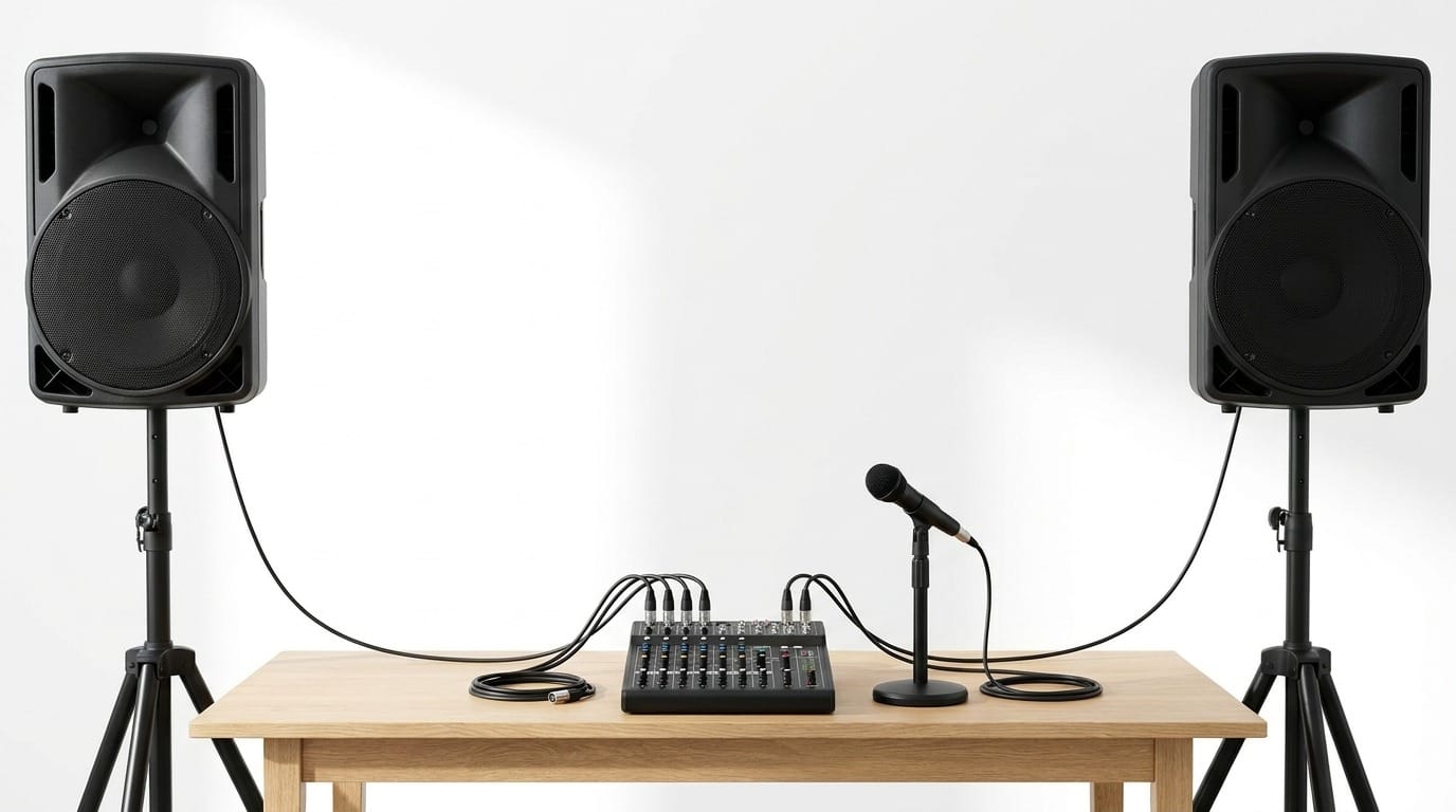 A pair of matching powered speakers on tripod stands flanking a mixer and a wired microphone