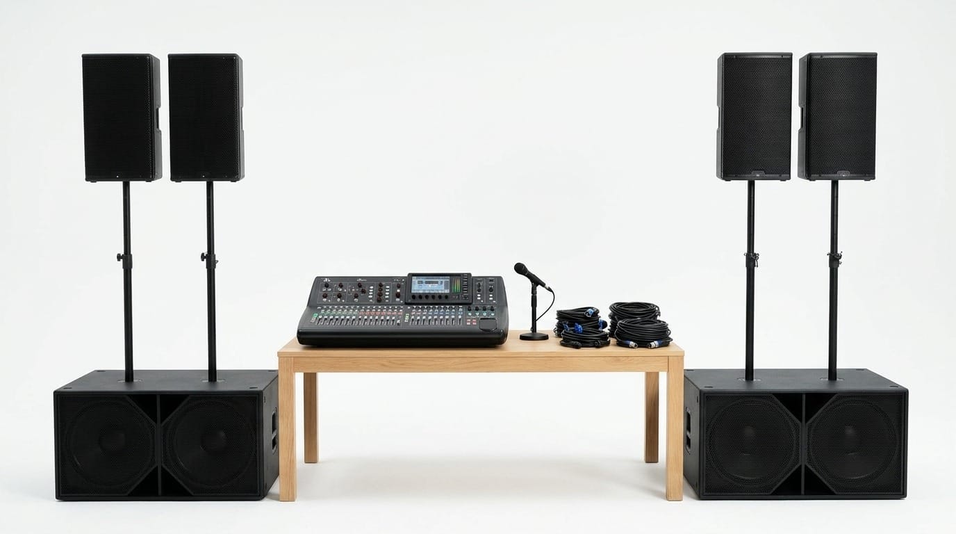 Two stacks of paired speaker tops on poles above dual 18-inch subwoofers, with a large digital mixing console between them