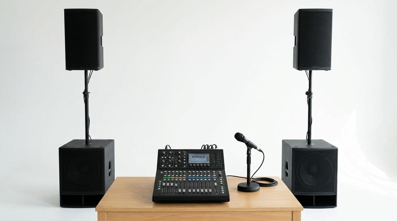 Two speaker tops raised on poles above dual 18-inch subwoofers, with a digital mixer and a wired microphone between them