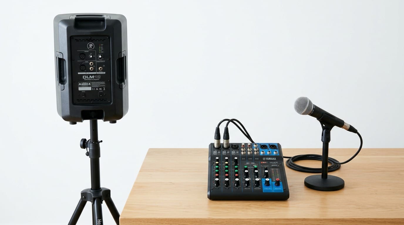 Powered speaker on a tripod stand next to a compact mixer and a wired microphone
