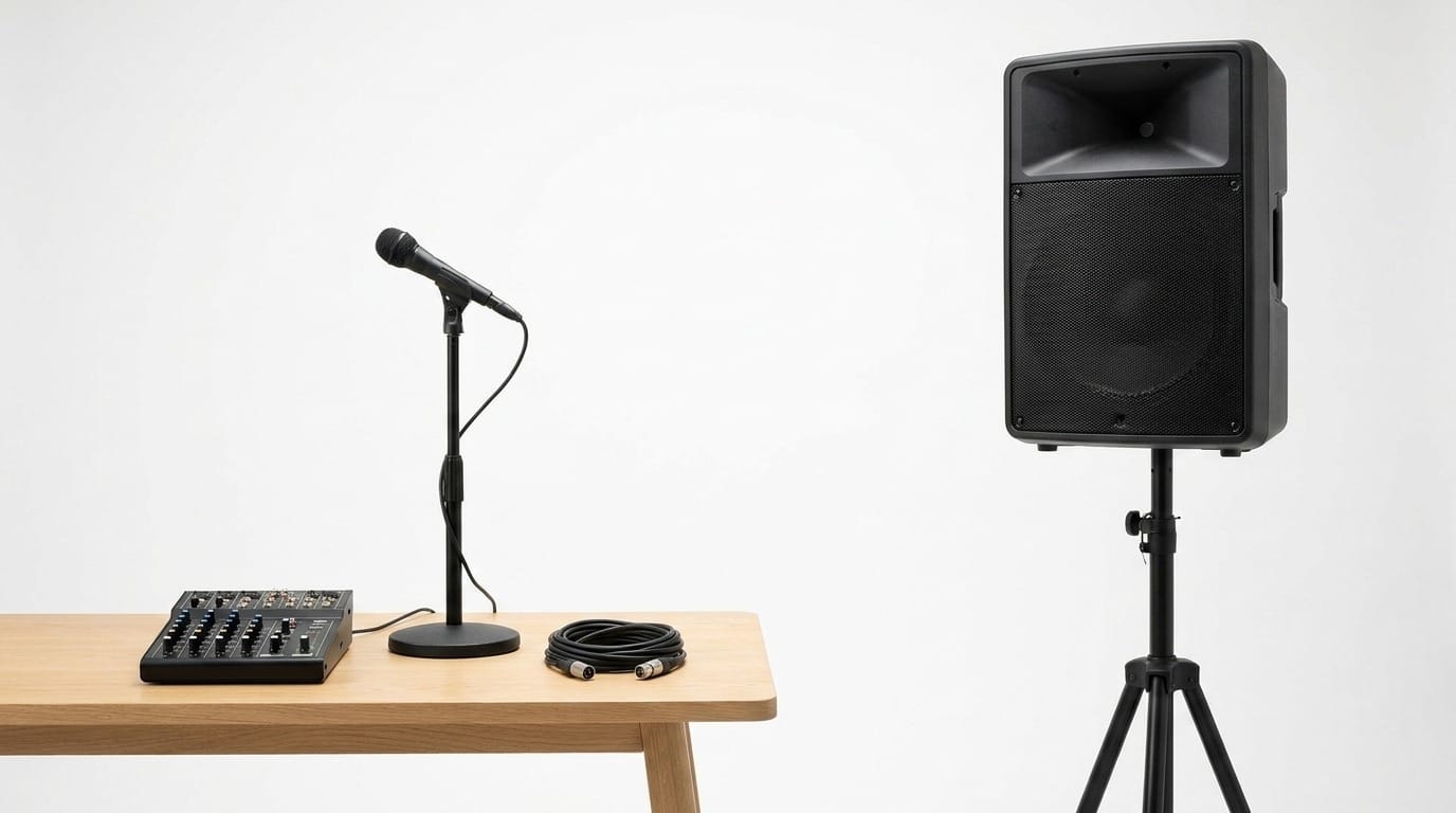 One professional powered speaker on a tripod stand beside a small mixer and a wired microphone on a stand
