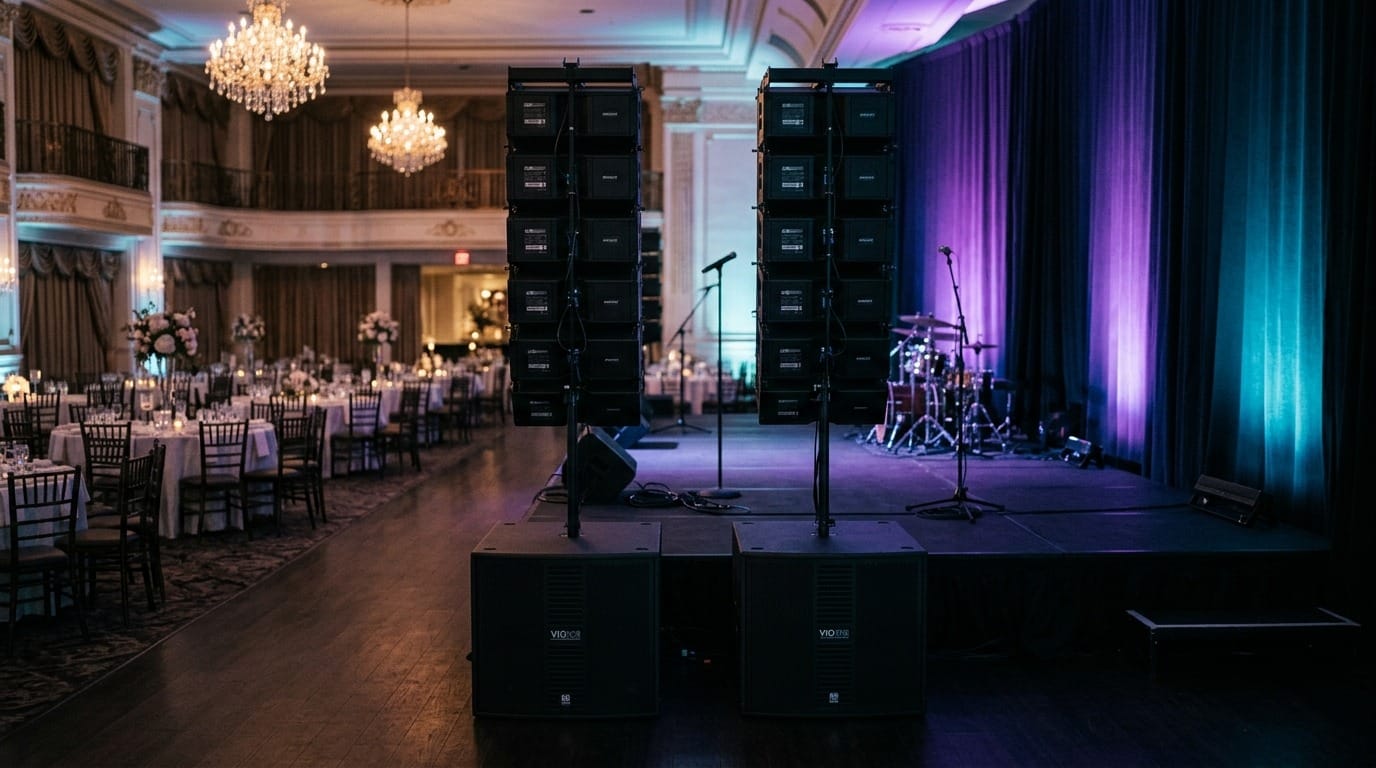 Utah Sound Systems' flagship line-array speakers set up for a large Utah event