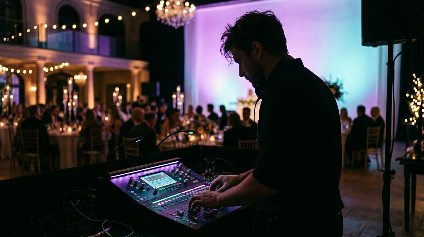 Utah Sound Systems technician mixing live audio at a candlelit event reception