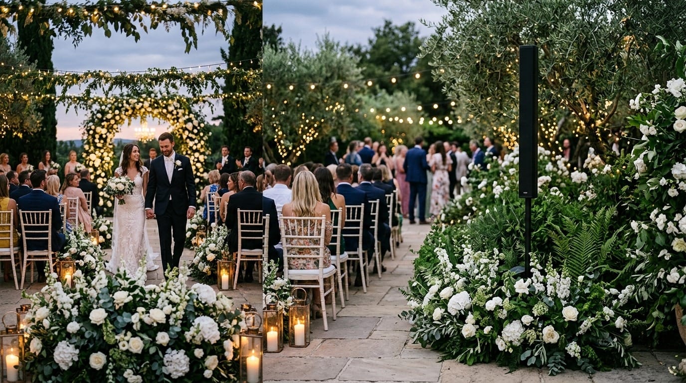 A bride and groom walking the aisle at a dusk garden wedding beside a slim column speaker set among white florals